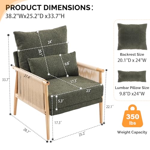 Boho Braid Accent Armchair,Mid-Century Modern Chiar with Solid Wooden Armrest,Comfy Louge Cushion Chair with Waist Pillow for Bedroom,Living Room,Reading Room, Dark Green