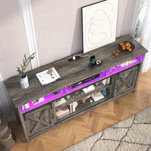 Farmhouse TV Stand for 80/75 Inch TV with Power Outlet, Entertainment Center with Storage and Sliding Barn Doors, Wood Media Console for Living Room, Grey
