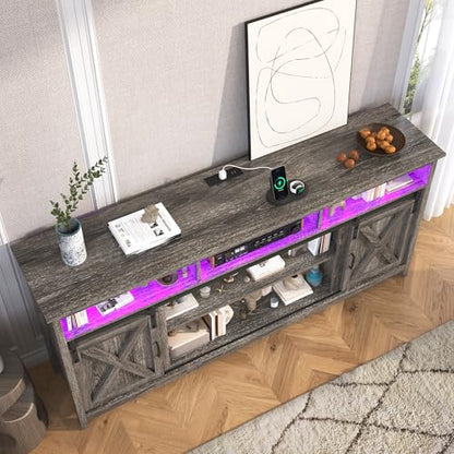 Farmhouse TV Stand for 80/75 Inch TV with Power Outlet, Entertainment Center with Storage and Sliding Barn Doors, Wood Media Console for Living Room, Grey