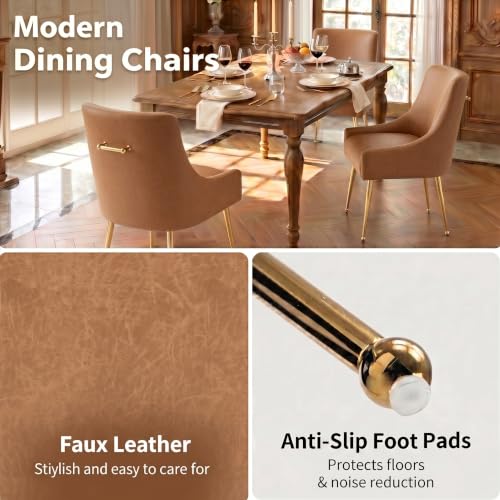Dining Room Chair Faux Leather Vanity Chairs Set of 2 Mid-Century with Metal Legs Upholstered PU Leather Luxury Accent Chairs Living Room Restaurant(Brown)