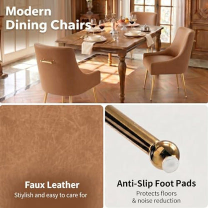 Dining Room Chair Faux Leather Vanity Chairs Set of 2 Mid-Century with Metal Legs Upholstered PU Leather Luxury Accent Chairs Living Room Restaurant(Brown)