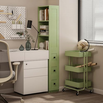 Tall Narrow Storage Cabinet, Anti-Tipping Floor Cabinet with 2 Adjustable Shelves & 3-Level Drawers for Small Space, Home, Bathroom, Kitchen, Laundry (White) (Green)