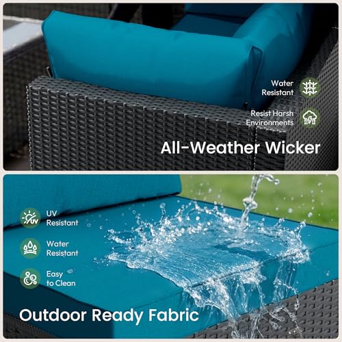 Patio Furniture Set - All-Weather - 7 Piece Patio Outdoor Conversation Set, Modular Wicker Rattan Sectional Sofa for Backyard, Garden, Poolside, Balcony, Porch, Patio,Black/Peacock Blue