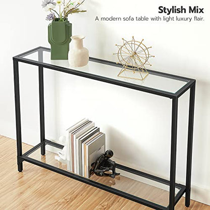 39.4" Narrow Console Table, Tempered Glass Sofa Table, Behind Couch Table Modern Entryway Table, Metal Frame, for Living Room, Hallway BK04XG01