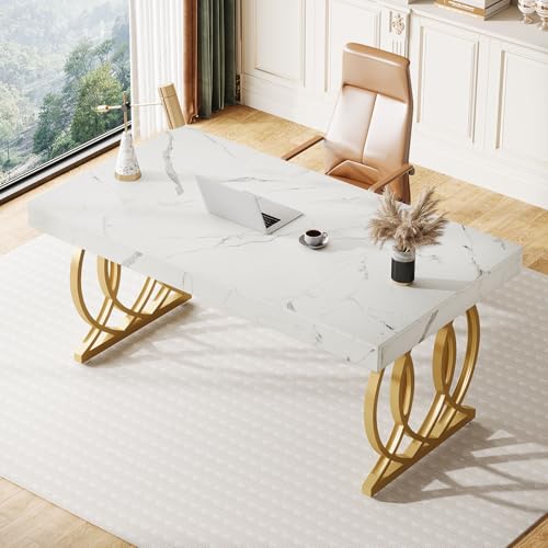Tribesigns 63-Inch Executive Desk, Modern Office Computer Desk with Stylish Gold Legs, Rectangular Workstation for Home Office, Small Conference Table for Meeting Room (White & Gold)