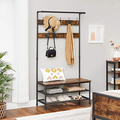 VASAGLE Coat Rack and Storage Bench, Hall Tree with 9 Hooks, Steel Frame, view 6
