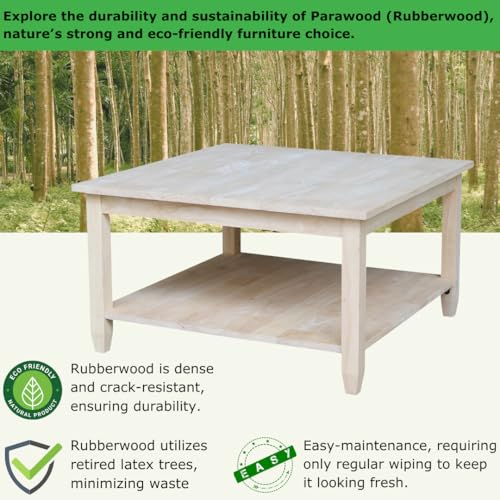Solano Square Coffee Table, Solid Real Wood, Sturdy Parawood, Living Room/Family Room/Entryway, 32"W x 32"D x 18"H with Shelf, Paint/Stain Ready, Unfinished