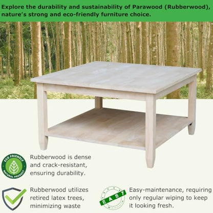 Solano Square Coffee Table, Solid Real Wood, Sturdy Parawood, Living Room/Family Room/Entryway, 32"W x 32"D x 18"H with Shelf, Paint/Stain Ready, Unfinished