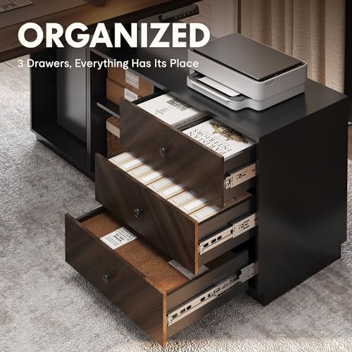 FLEXISPOT 55" L Shaped Standing Desk with Storage & CPU Holder, Dual Motor Height Adjustable Executive Desk, 222 LBS Capacity, 1" Thick Desktop for Home Office, Black Walnut, 3 Packages