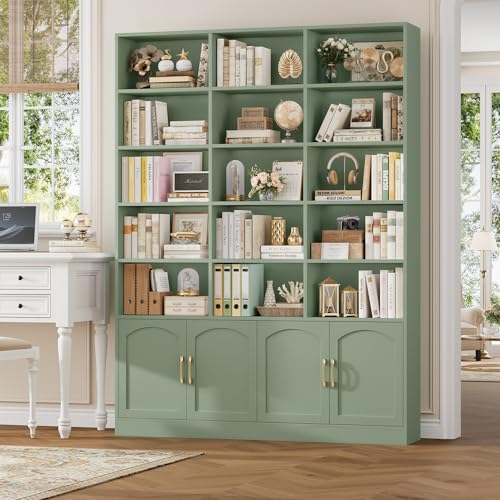 82.3" Triple Wide Bookshelf, 7-Tier Tall Bookcase with 15-Cube Open Bookshelf & 4 Doors, Large Bookshelf with Storage Cabinet, Modern Bookshelf for Living Room, Office, Study Room, Green