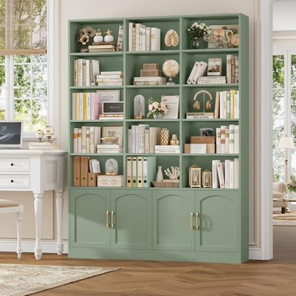 82.3" Triple Wide Bookshelf, 7-Tier Tall Bookcase with 15-Cube Open Bookshelf & 4 Doors, Large Bookshelf with Storage Cabinet, Modern Bookshelf for Living Room, Office, Study Room, Green