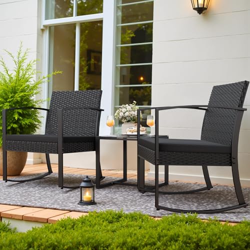 Patio Furniture Set 3 Piece Resin Outdoor Bistro Set Rocking Patio Chairs with Cushions and Table for Porch, Poolside, Balcony and Yard (Black)