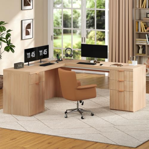 69" Fluted L Shaped Executive Desk with Power Outlets & File Drawer, view 2