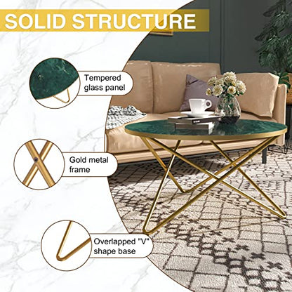 Round Coffee Table with Green Faux Marble Top