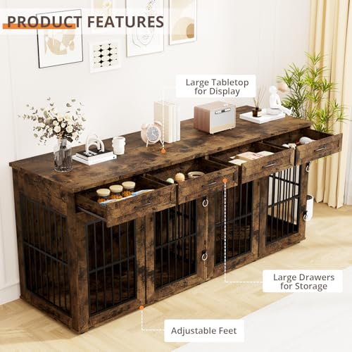 87" Dog Crate Furniture for 2 Dogs, Double Dog Cage Furniture, Brown, view 5