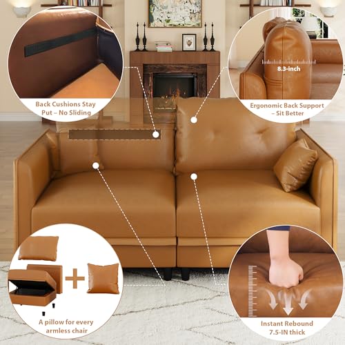 7-Seater L-Shaped Sectional Modular Sofa with Storage, Deep Seat Faux Leather Couches for Living Room, Waterproof & Scratch Resistant, Cognac Tan