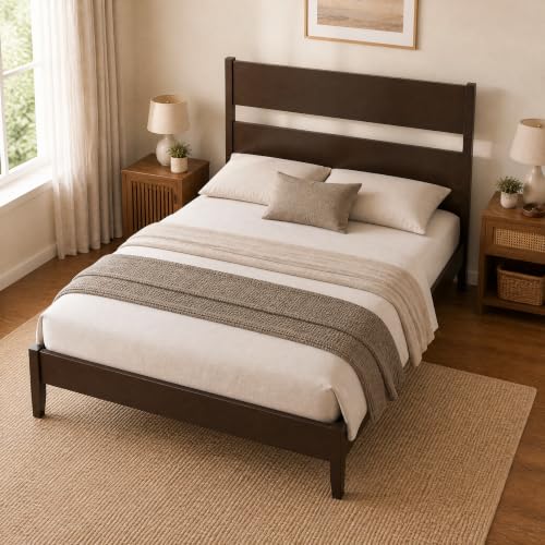 Queen Size Rubber Wood Bed Frame with Tall Headboard, Dark Brown, view 5