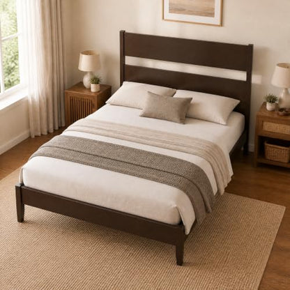 Queen Size Rubber Wood Bed Frame with Tall Headboard, Dark Brown, view 5