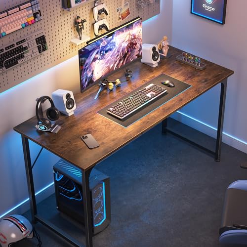 Computer Desk, 48 Inch Office Desk, Gaming Desk with Storage, Writing Desk Work Desk for Home Office, Study, Modern Simple Desk, Large Legroom, Metal Frame, Rustic Brown