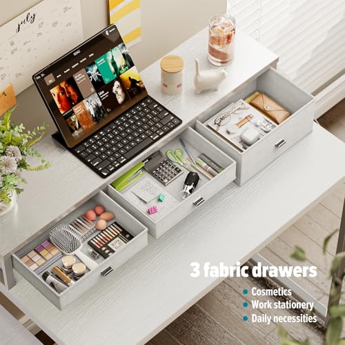47 inch Computer Desk with Printer Shelf, Gaming Desk with Monitor Stand and Drawers, Reversible Home Office Desk with Storage Shelves and 2 Hooks, Home Workstation for Study Writing, White