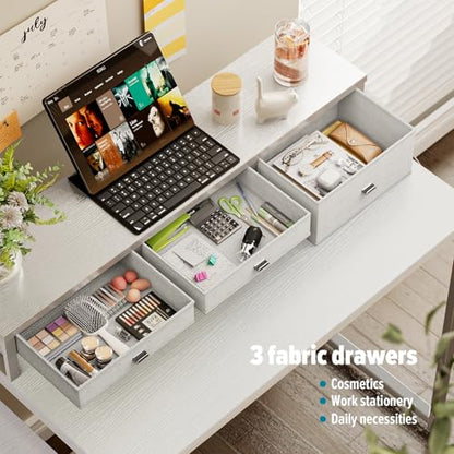 47 inch Computer Desk with Printer Shelf, Gaming Desk with Monitor Stand and Drawers, Reversible Home Office Desk with Storage Shelves and 2 Hooks, Home Workstation for Study Writing, White