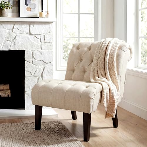 Mid Century Modern Accent Chair, Button Tufted Armless Lounge Chair, Upholstered Linen Side Chair with Solid Wood Legs for Bedroom, Living Room, Office