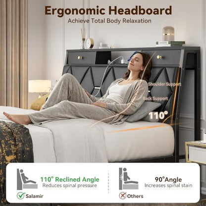 Queen Bed Frame with Storage Headboard and Drawers, PU Leather, view 6