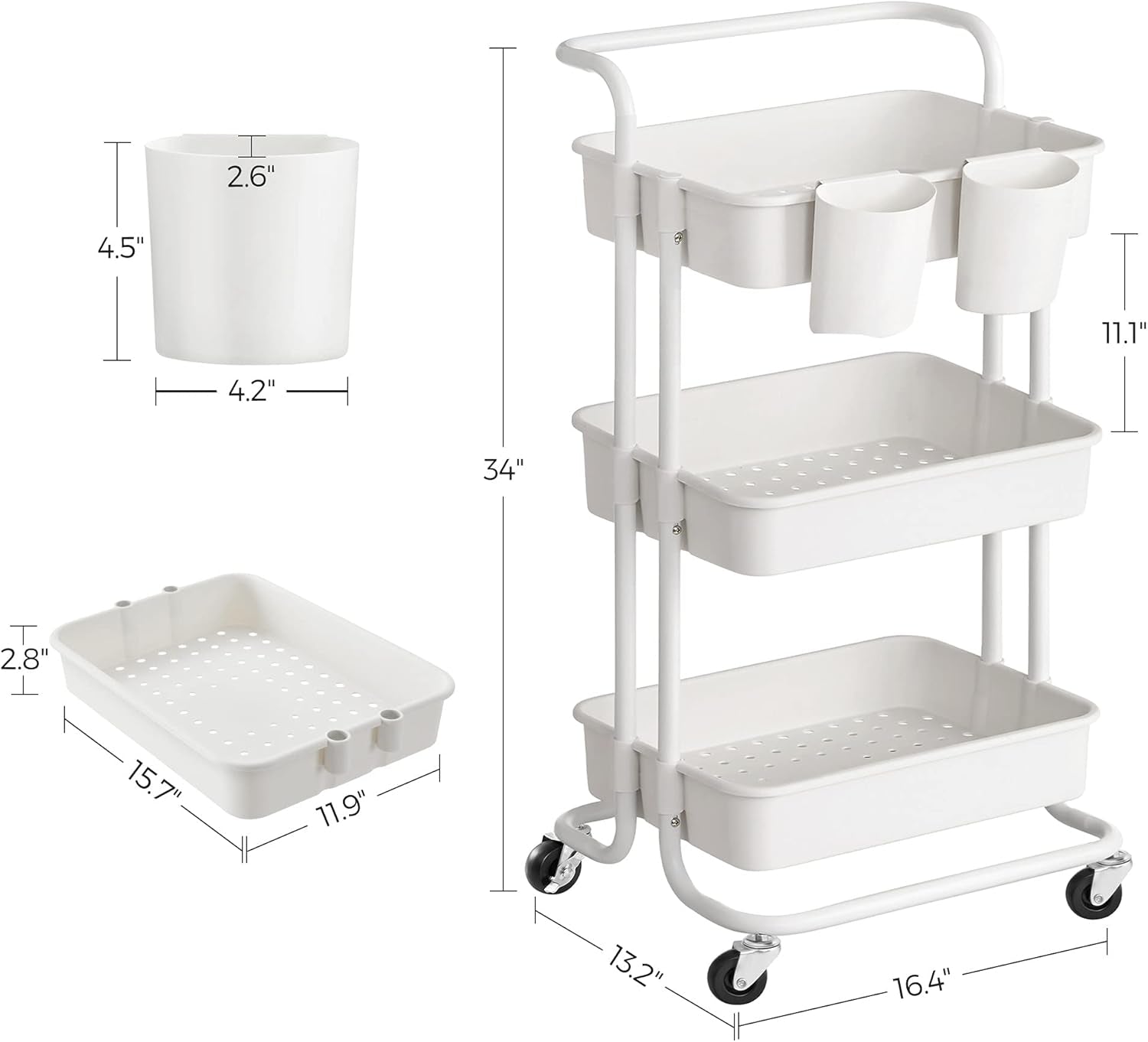 Rolling Cart, 3-Tier Storage Cart, Storage Trolley with Handle 2 Small Organizers, Steel Frame, Plastic Baskets, Utility Cart, Easy Assembly, for Bathroom Laundry Room, White UBSC067W01