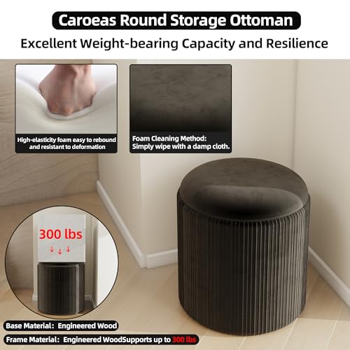 Round Ottoman with Storage Set of 2, Upholstered Velvet Storage Ottoman, Vanity Stool for Makeup, Foot Rest for Living Room, Bedroom, Black