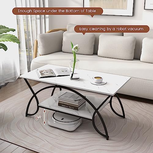 2-Tier Rectangular Coffee Table, Faux Marble Table with Open Storage Shelf, Black Finished Metal Frame, Modern Center Table for Living Room, Reception Room (White+Black)