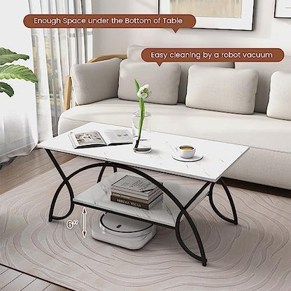 2-Tier Rectangular Coffee Table, Faux Marble Table with Open Storage Shelf, Black Finished Metal Frame, Modern Center Table for Living Room, Reception Room (White+Black)