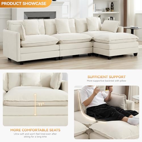 111'' Sectional Cloud Deep Seat Couch, Modern Comfy Chenille L Shaped Sectional Sofa for Living Room Set, Upholstered Modular 4-Seats Sofa Couch with Movable Ottoman, Beige