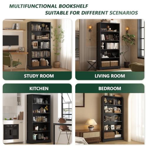 5 Tiers Wooden Bookshelf, 65.2" Tall Farmhouse Style Open Bookcase, view 8