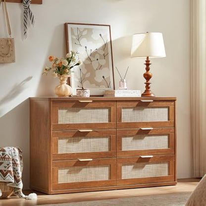 Rattan 6 Drawer Dresser for Bedroom, Boho 48" Wide Wooden Dark Dresser Chest of Drawers, Dressers TV Stand with Metal Handle, Storage Dressers Closet Organizer for Living Room, Hallway