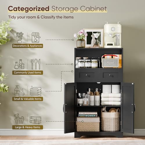 Farmhouse Storage Cabinet, Bathroom Floor Cabinet Kitchen Pantry with Doors and Drawers, Hutch Cupboard for Living Room, Bedroom, Laundry, Black