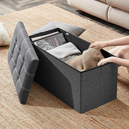 30 Inch Storage Ottoman, Folding Ottoman with Storage, Linen Storage Bench Supports Up to 350 lbs, Footrest Seat for Living Room, Bedroom, Gray