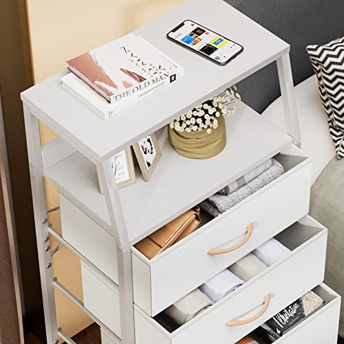 White Tall Dresser for Bedroom, 5 Fabric Bins Tall Nightstand, Dorm Dresser, view 5