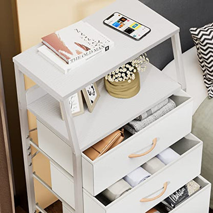White Tall Dresser for Bedroom, 5 Fabric Bins Tall Nightstand, Dorm Dresser, view 5