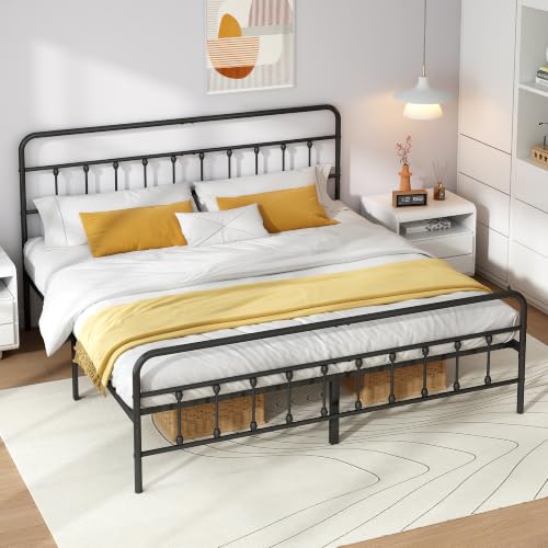 King Metal Bed Frame with Victorian Headboard & Footboard, Black, view 5