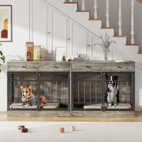 78.7" Dog Crate Furniture for 2 Dogs with 4 Drawers, Grey, view 2