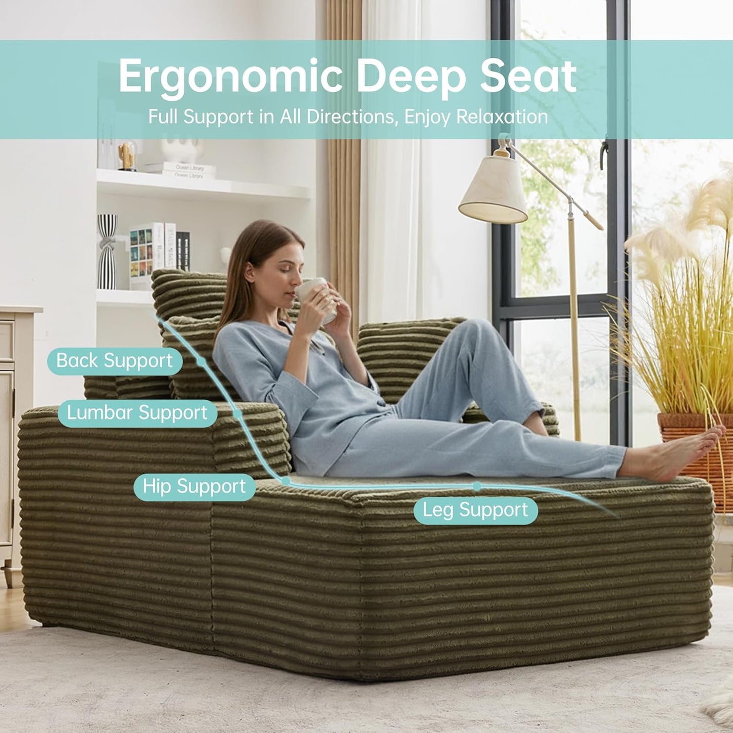 43"W Chaise Lounge Sofa Chair Indoor, Small Boneless Couches for Small Spaces, Fluffy Comfy Cloud Sofa in a Box, Compression Foam Sleeper Sofa for Living Room&Apartment, Plush Corduroy (Green)