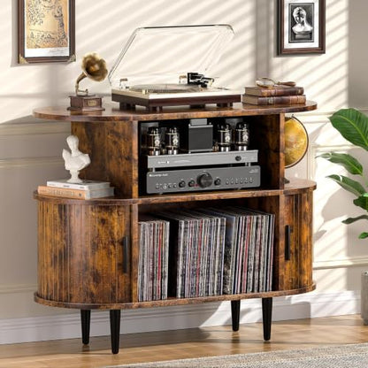 Large Record Player Stand with Storage and Shelves, Brown, view 2