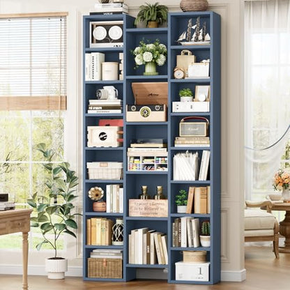 71'' Tall Bookshelf with 21 Cubes, 8 Tier Triple Wide Bookshelf with 8 Adjustable Shelves, 35" Large Bookcase DVD/CD Media Tower Storage, Freestanding Display Shelf Cabinet, Blue