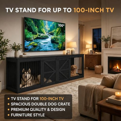 94.5'' Double Dog Crate, Dog Kennel Furniture, TV Stand, Black, view 7