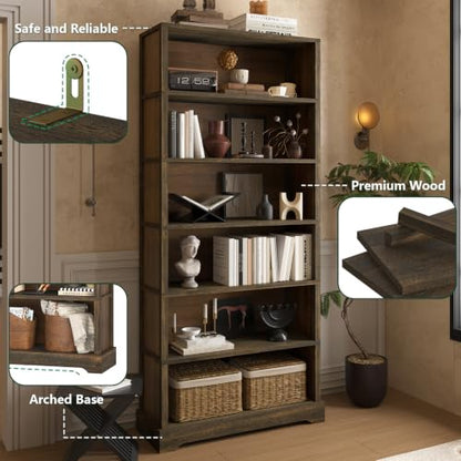 6 Tiers Wooden Bookshelf, 77.2" Tall Farmhouse Style Open Bookcase, view 6