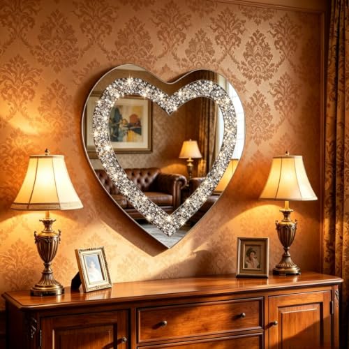 Crystal Crush Diamond Heart Shaped Silver Mirror for Wall Decoration 24x24x1 inch Wall Hang Frameless Mirror Acrylic Diamond Décor.