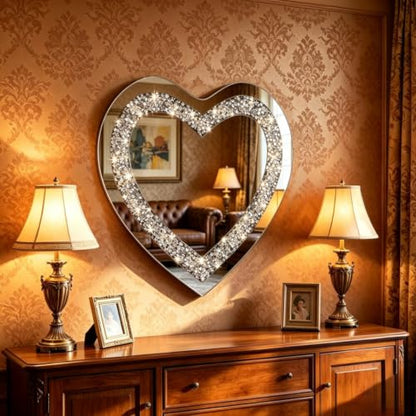 Crystal Crush Diamond Heart Shaped Silver Mirror for Wall Decoration 24x24x1 inch Wall Hang Frameless Mirror Acrylic Diamond Décor.