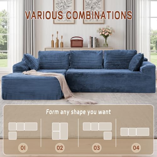 108" L-Shaped Modular Sectional Sofa with Chaise, Boneless Comfy Corduroy Fluffy Couch with Deep Seat and Side Pockets, Flexible Module Combination for Living Room, No Assembly, Side Pockets