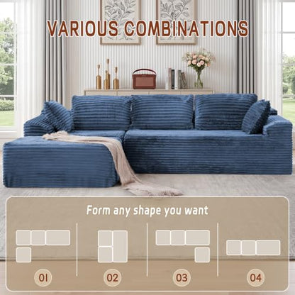 108" L-Shaped Modular Sectional Sofa with Chaise, Boneless Comfy Corduroy Fluffy Couch with Deep Seat and Side Pockets, Flexible Module Combination for Living Room, No Assembly, Side Pockets