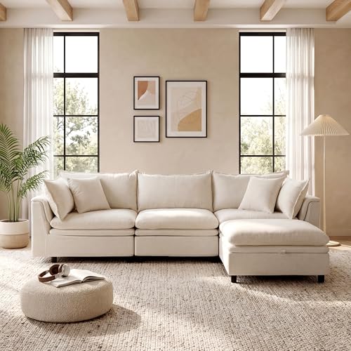 113.4'' Modular Sectional Sofa with Storage Ottoman, Oversized L Shaped Cloud Couch, Modern Comfy Chenille Deep Seat Sleeper Sofa, 4 Seat Convertible Couches for Living Room, Beige